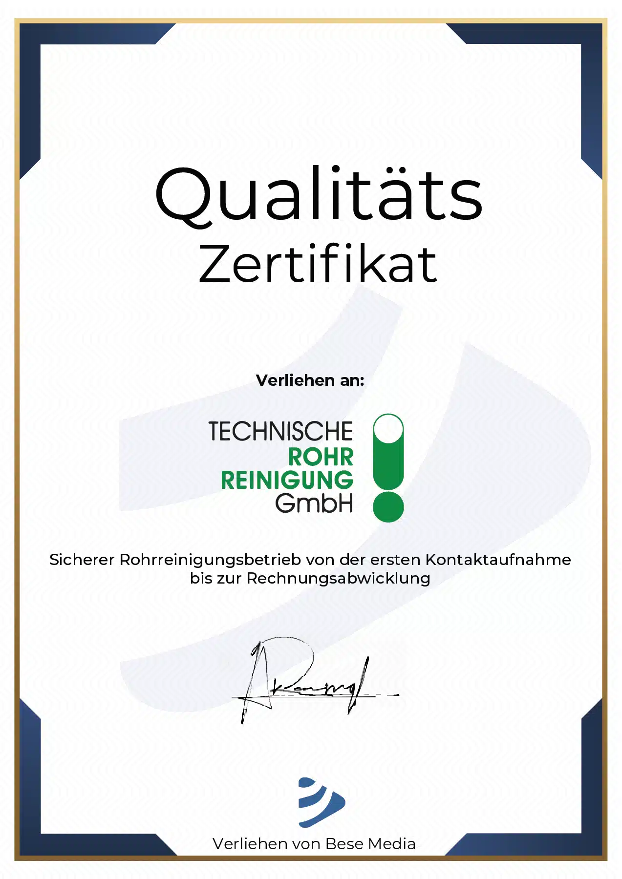Qualitätszertifikat der Technische Rohrreinigung GmbH