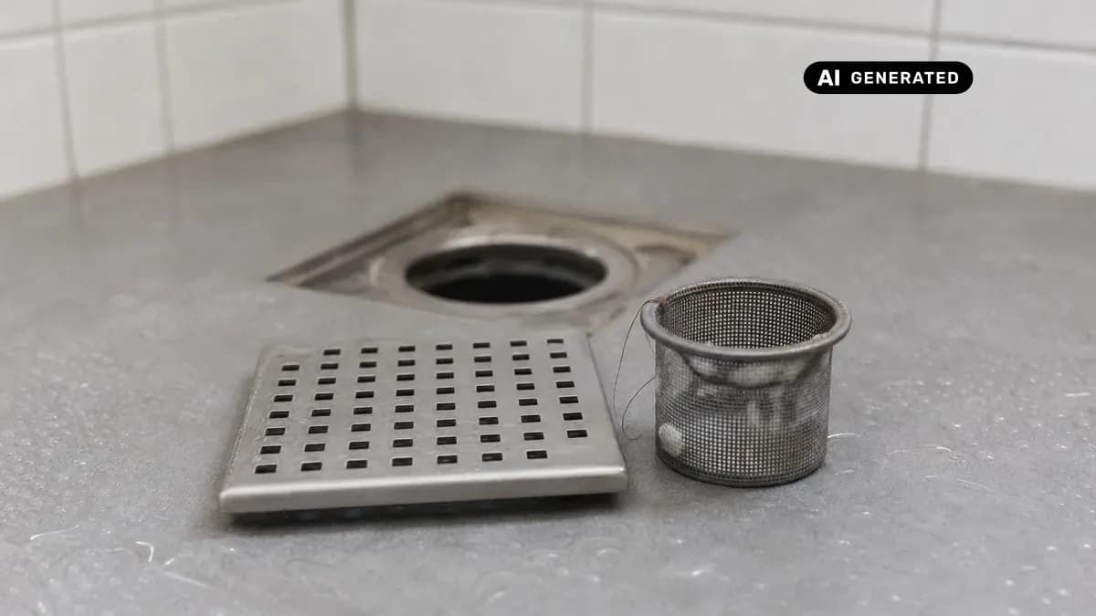 KI-generiertes Bild: Bodengleiche Dusche mit geöffnetem Abflussdeckel und gereinigtem Siebkorb auf Fliesenoberfläche
