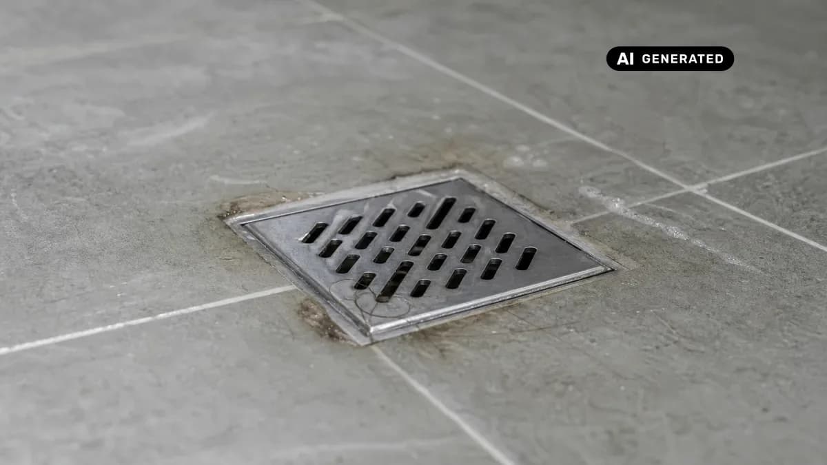 KI-generiertes Bild: Detailaufnahme eines bodengleichen Duschablaufs mit Metalldeckel auf grau gefliesten Boden