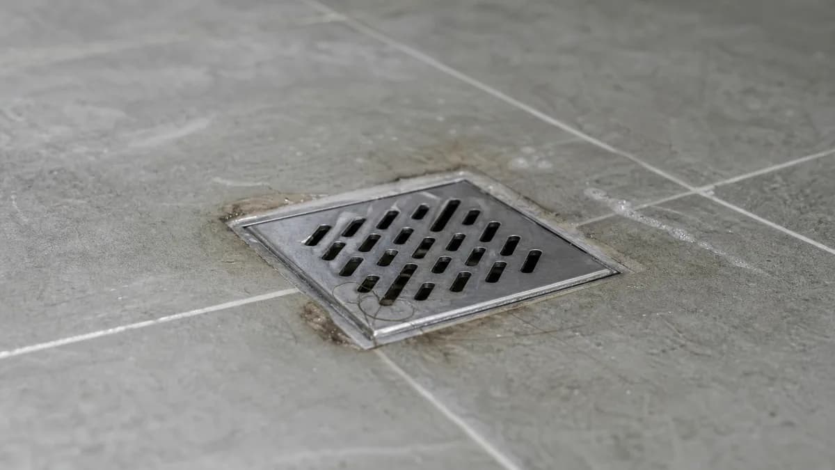 Detailaufnahme eines bodengleichen Duschablaufs mit Metalldeckel auf grau gefliesten Boden