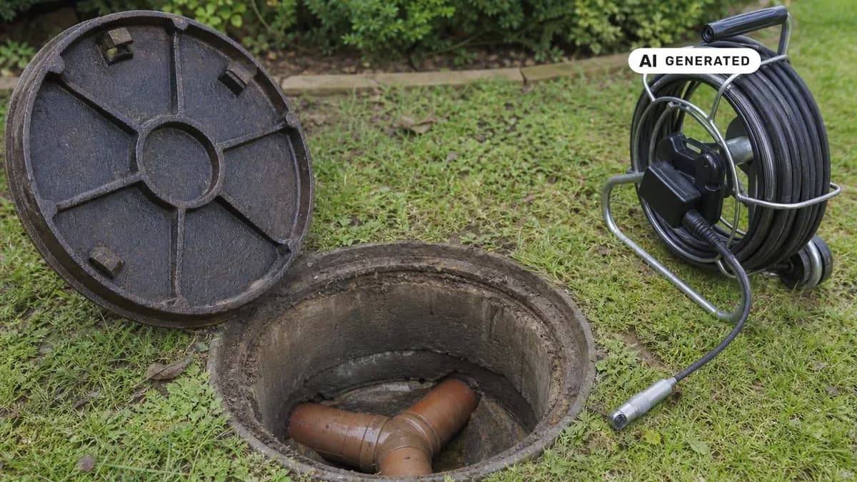 KI-generiertes Bild: Geöffneter Revisionsschacht im Garten mit Blick auf das Abwasserrohr, daneben Kanalkamera-Technik eines Fachbetriebs