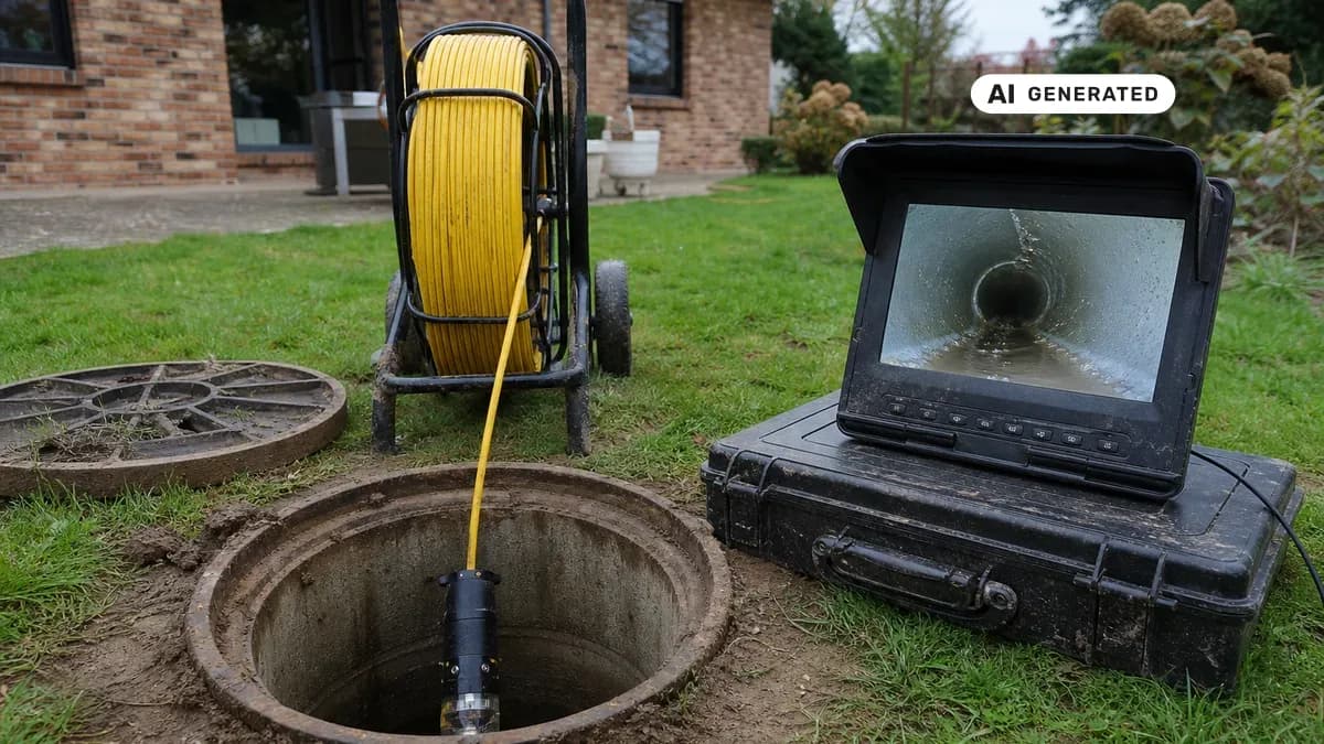 KI-generiertes Bild: Techniker lässt eine Inspektionskamera in einen offenen Revisionsschacht im Garten eines Einfamilienhauses hinab, neben ihm zeigt ein Monitor das Innere eines Abwasserrohrs