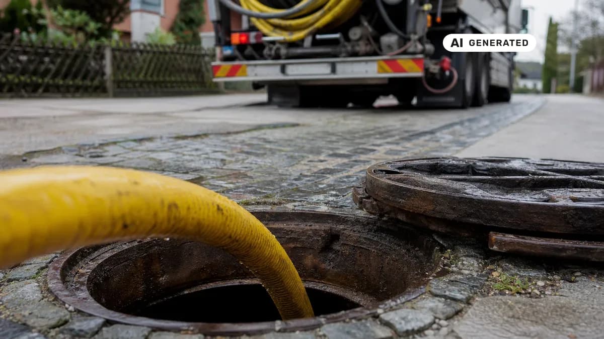 KI-generiertes Bild: Techniker führt den Spülschlauch einer Hochdruckspülung in einen offenen Kanalschacht, im Hintergrund der Saugwagen