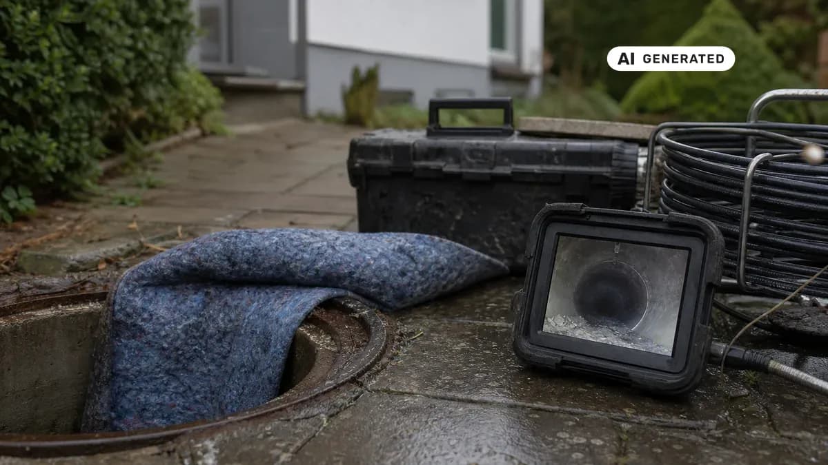 KI-generiertes Bild: Fachkraft schiebt einen mit Harz getränkten Schlauchliner durch einen offenen Revisionsschacht in die Grundleitung eines Einfamilienhauses, daneben zeigt ein Monitor das Kamerabild aus dem Rohrinneren