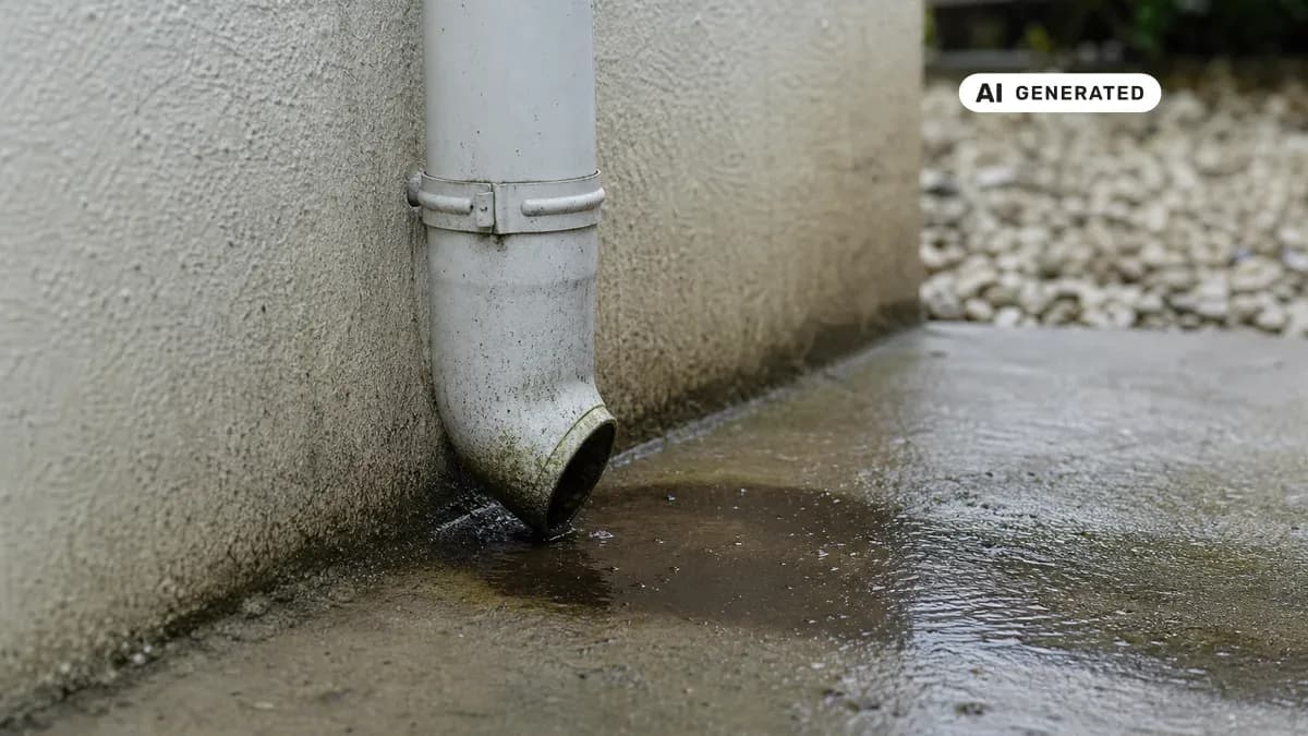KI-generiertes Bild: Regenfallrohr an einer Hauswand mit Wasseransammlung am Boden – verstopfte Erdleitung als Ursache