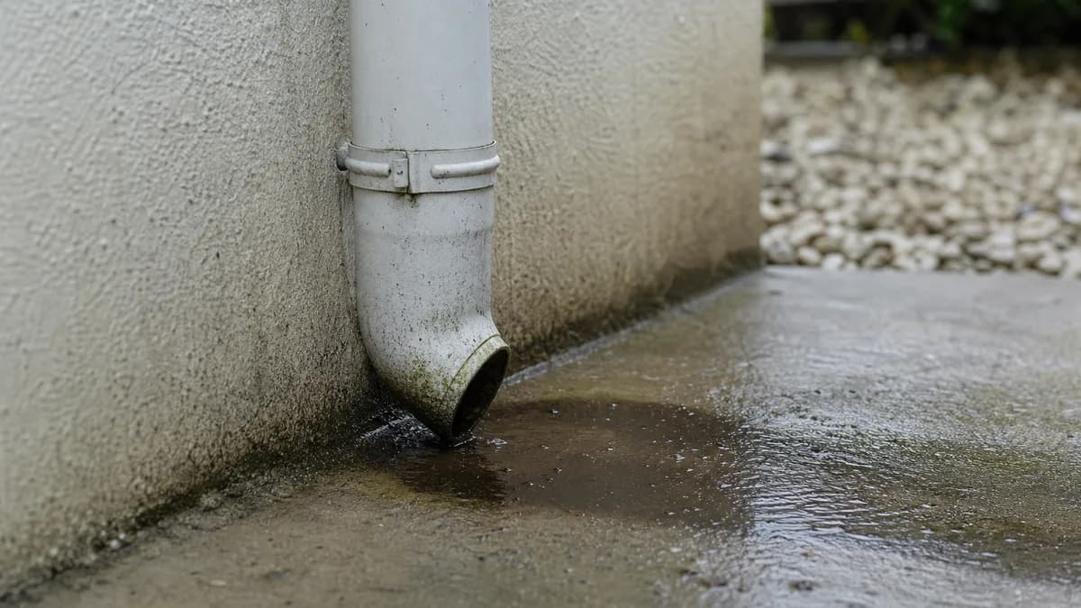 Regenfallrohr an einer Hauswand mit Wasseransammlung am Boden – verstopfte Erdleitung als Ursache