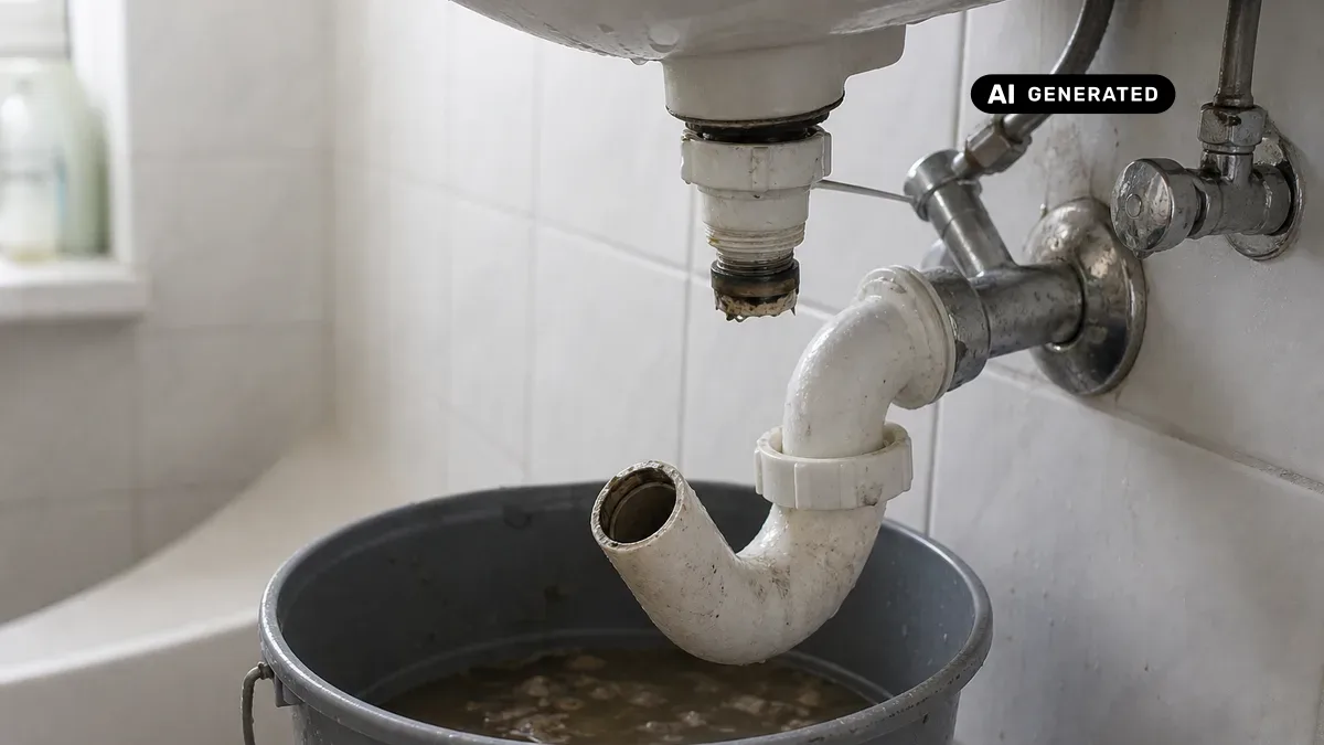 KI-generiertes Bild: Person schraubt unter einem Waschbecken den Siphon ab, ein Eimer steht bereit, um den Geruchsverschluss zu reinigen