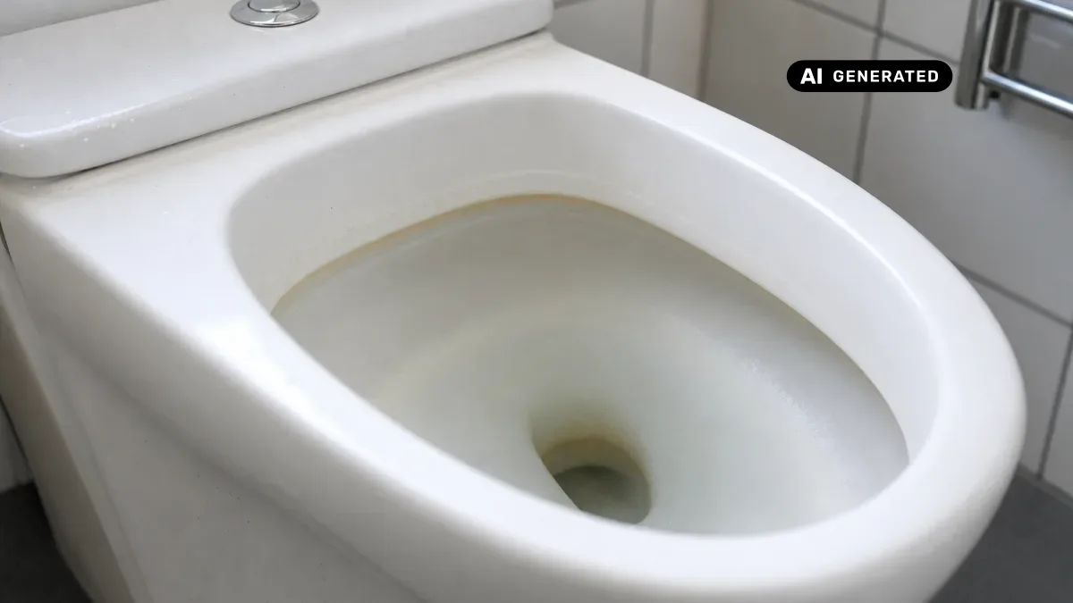 KI-generiertes Bild: Weiße Toilette in einem hellen Badezimmer, Aufnahme von schräg oben, klares Licht