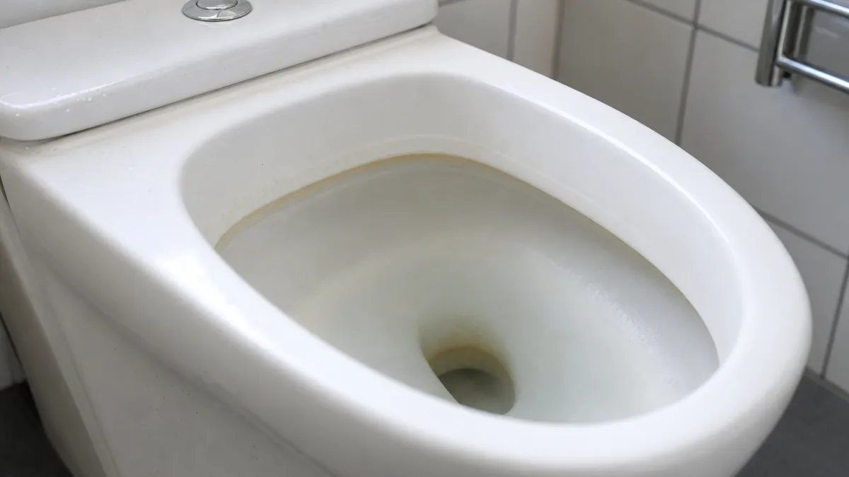 Weiße Toilette in einem hellen Badezimmer, Aufnahme von schräg oben, klares Licht