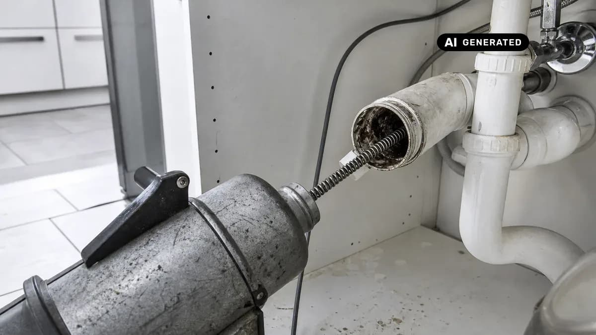 KI-generiertes Bild: Fachmann reinigt mit motorisch angetriebener Spirale einen verstopften Küchenabfluss unter dem Spülbecken