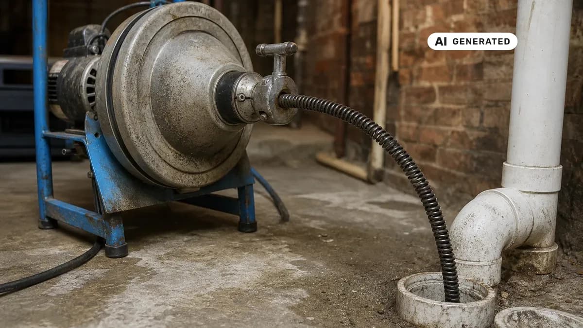 KI-generiertes Bild: Fachkraft der Rohrreinigung schiebt eine motorgetriebene Reinigungsspirale in eine geöffnete Abwasserleitung im Keller