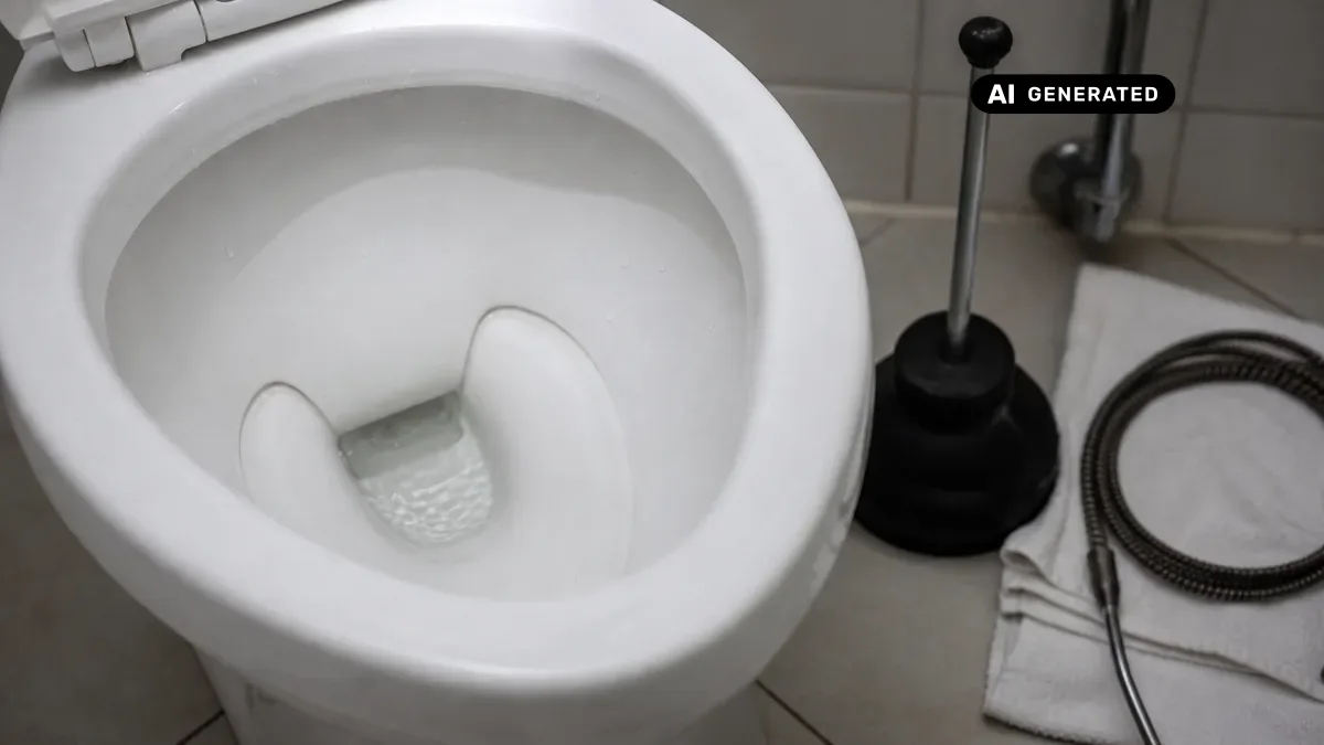 KI-generiertes Bild: Toilettenbecken von oben mit sichtbar abgesunkenem Wasserstand nach dem Spülen, daneben Pümpel und Rohrreinigungsspirale auf Fliesenboden