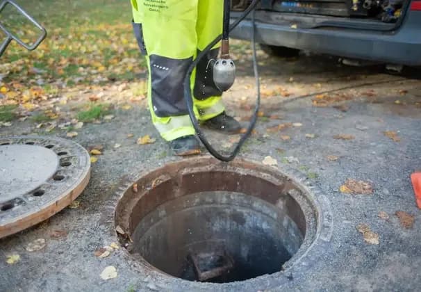 Techniker zeigt Hausbesitzer Live-Bilder aus der Kanalkamera