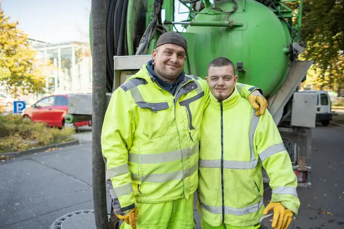 Team der Technische Rohrreinigung GmbH vor dem Saugwagen in Zwenkau